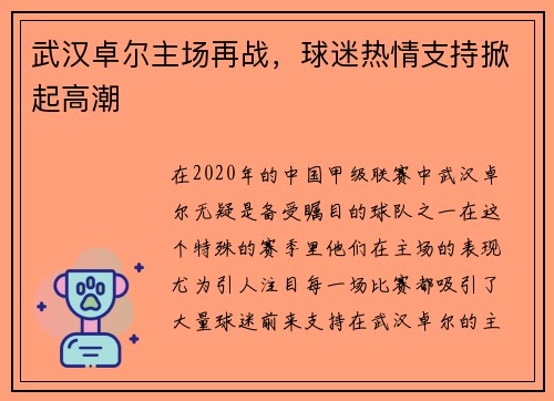 武汉卓尔主场再战，球迷热情支持掀起高潮