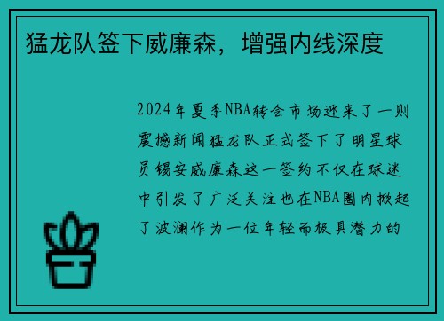 猛龙队签下威廉森，增强内线深度
